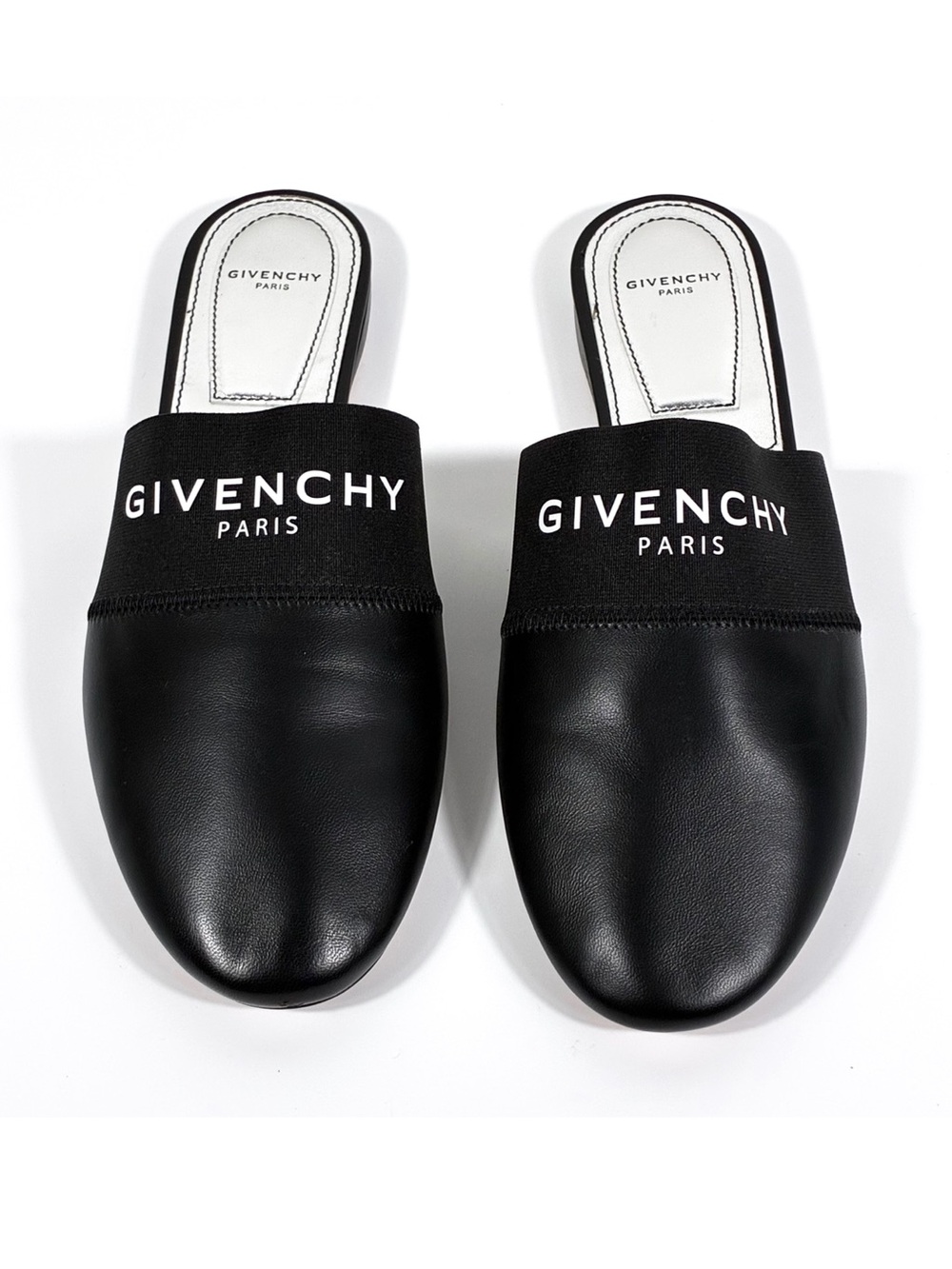 Givenchy Bedford Black Leather Logo Elastic Flat Mules Slippers Women Size 39